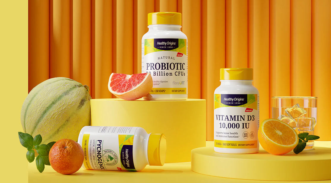 Fundo com vários suplementos e frutas