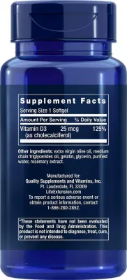 Life Extension Vitamin D3, 25 mcg (1000 IU), 250 softgels