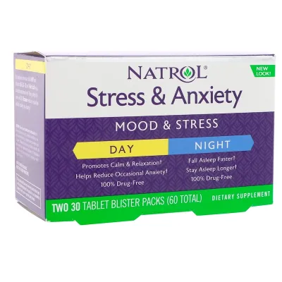 Natrol Stress & Anxiety Day & Night Two 30 Tablet Blister Packs (60 Total)