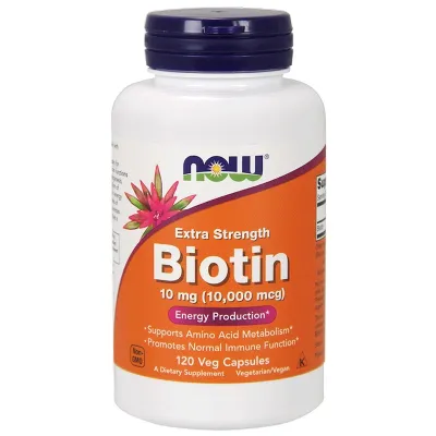 NOW Supplements Biotin 10 mg (10,000 mcg), Extra Strength - 120 Veg Capsules
