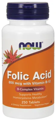 NOW Supplements Folic Acid 800 mcg with Vitamin B-12 - 250 Tablets
