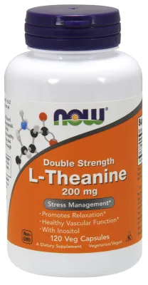 NOW Supplements L-Theanine, Double Strength 200 mg - 120 Veg Capsules