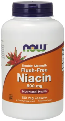 NOW Supplements Niacin 500 mg, Double Strength Flush-Free - 180 Veg Capsules