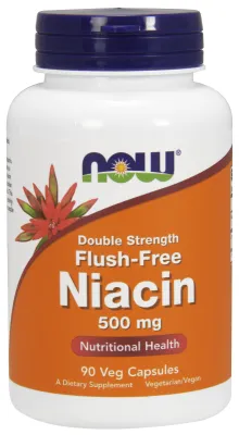 NOW Supplements Niacin 500 mg, Double Strength Flush-Free - 90 Veg Capsules