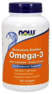 NOW Supplements Omega-3, Molecularly Distilled & Enteric Coated - 180 Softgels